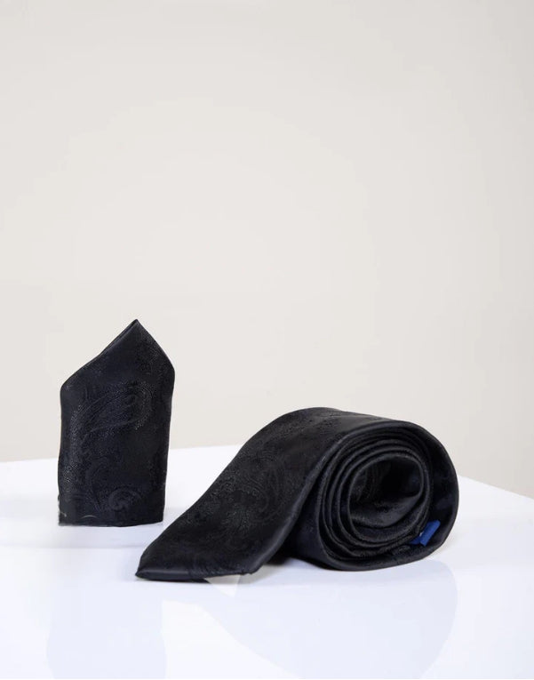Gentlemens Set Schwarze Paisley Krawatte mit Einstecktuch