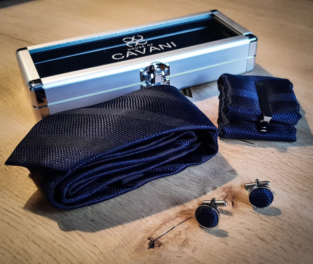 Cavani gentlemens set marineblaue krawatte einstecktuch clip