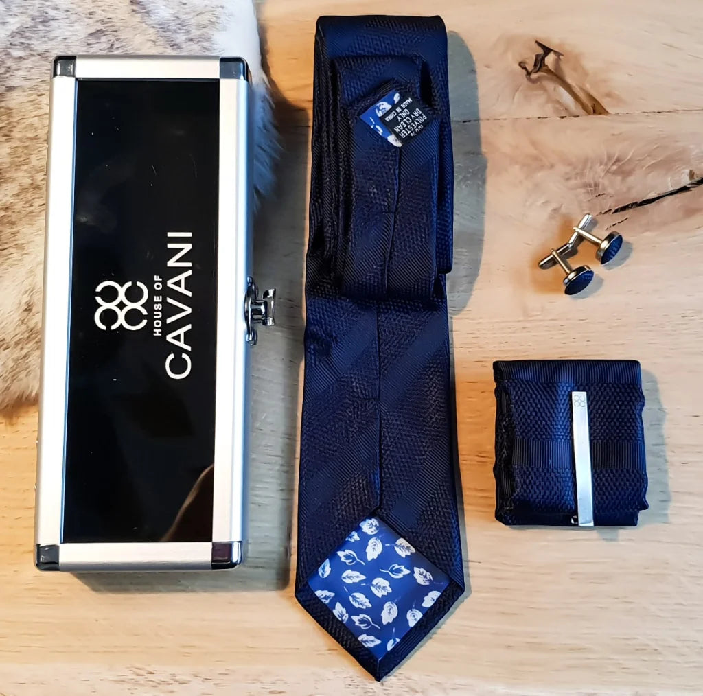 Cavani gentlemens set marineblaue krawatte einstecktuch clip